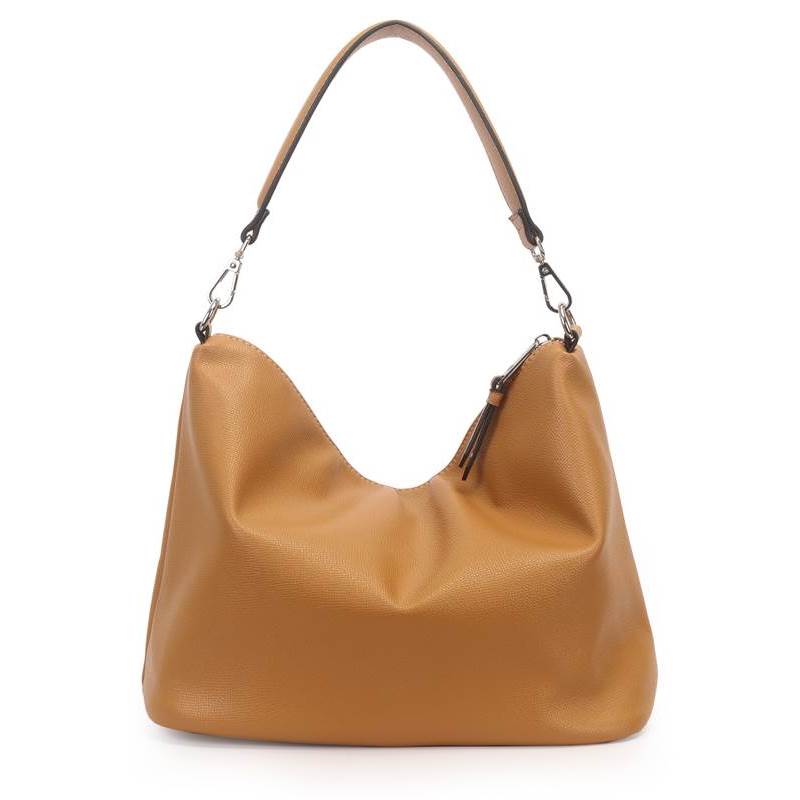 Bolsa ombro feminina WJ cor caramelo em material sintético com acabamento liso e detalhes em metal prata